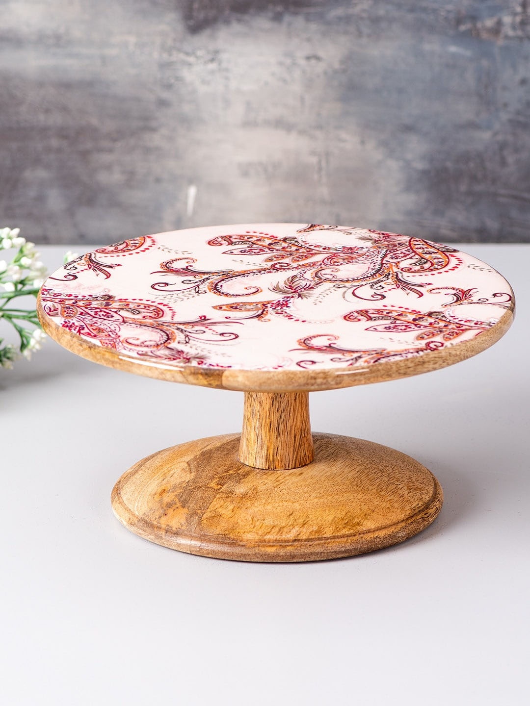 nestroots White & Pink Printed Wooden Cake Stand
