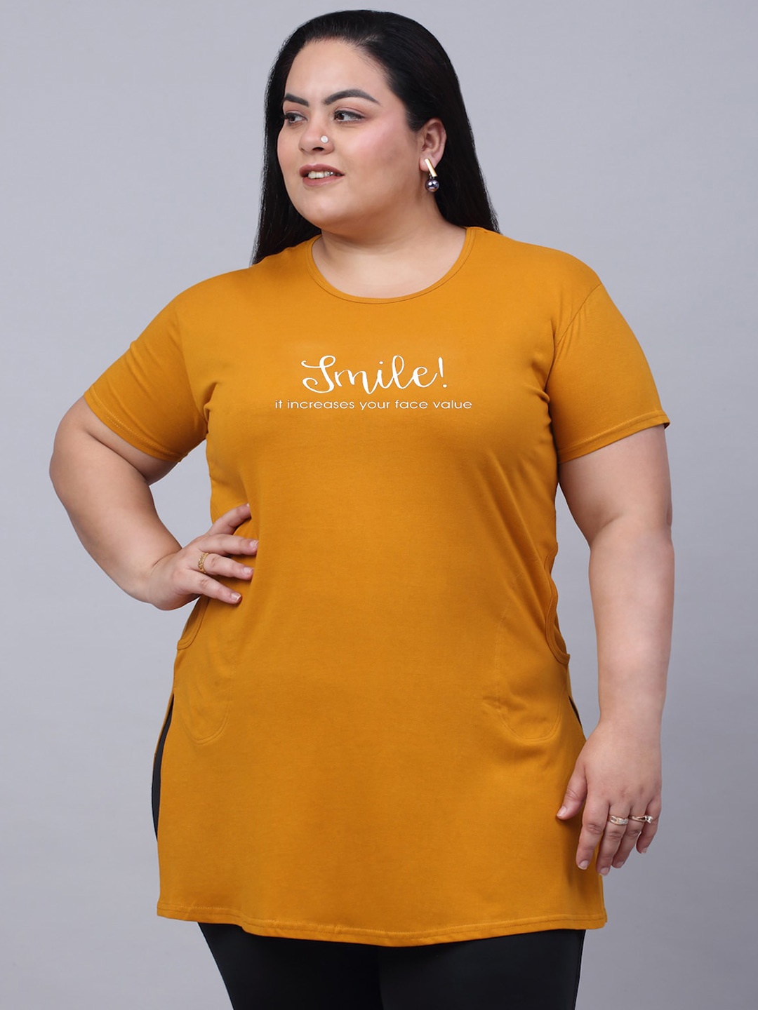 Trend Level Plus Size Typography Printed Casual Knitted Pure Cotton Longline T-shirt, Mustard
Trend Level Plus Size Typography Printed Casual Knitted Pure Cotton Longline T-shirt, Mustard
