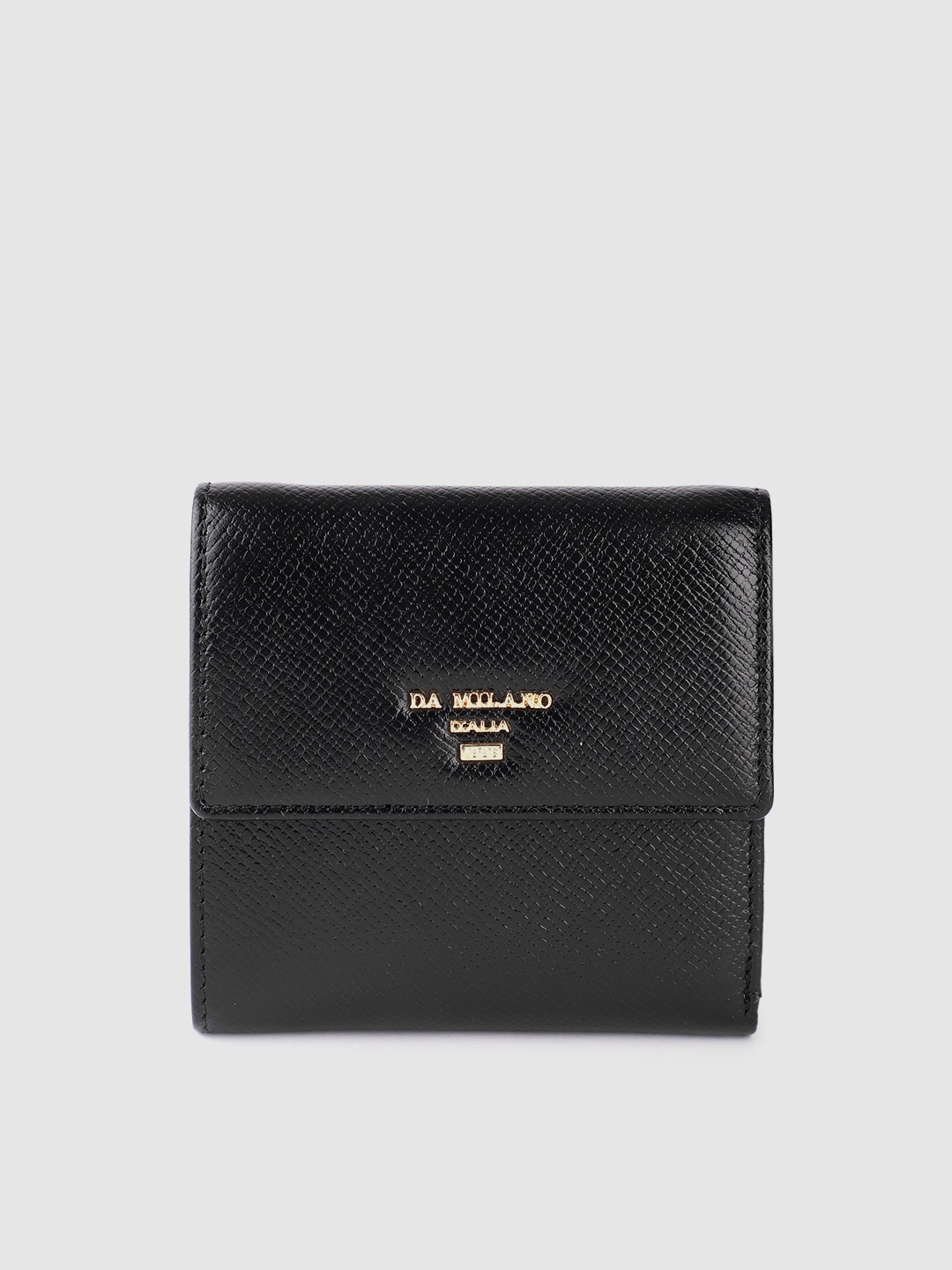 Da Milano Women Textured Leather Two Fold Wallet, Black