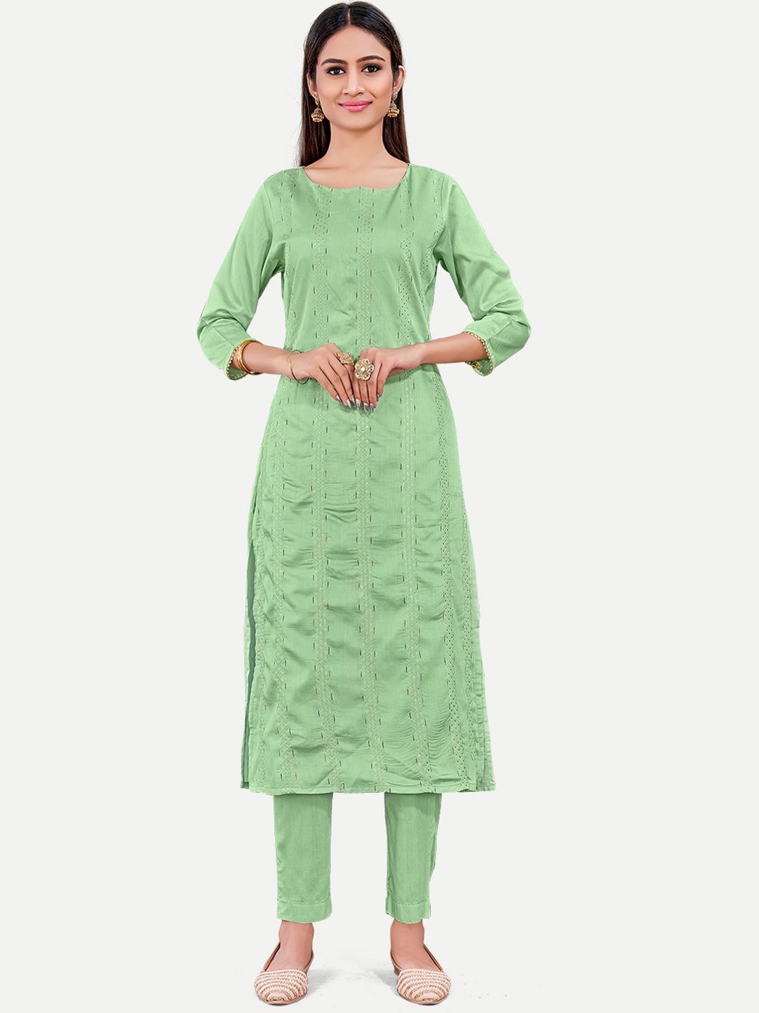 Riti Embroidered Regular Gotta Patti Chanderi Silk Kurta with Trousers, Sea green
