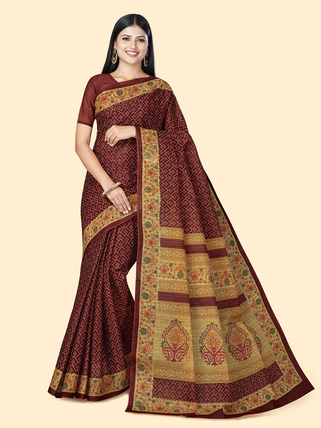 SHANVIKA Ethnic Motifs Printed Pure Cotton Saree, Brown
