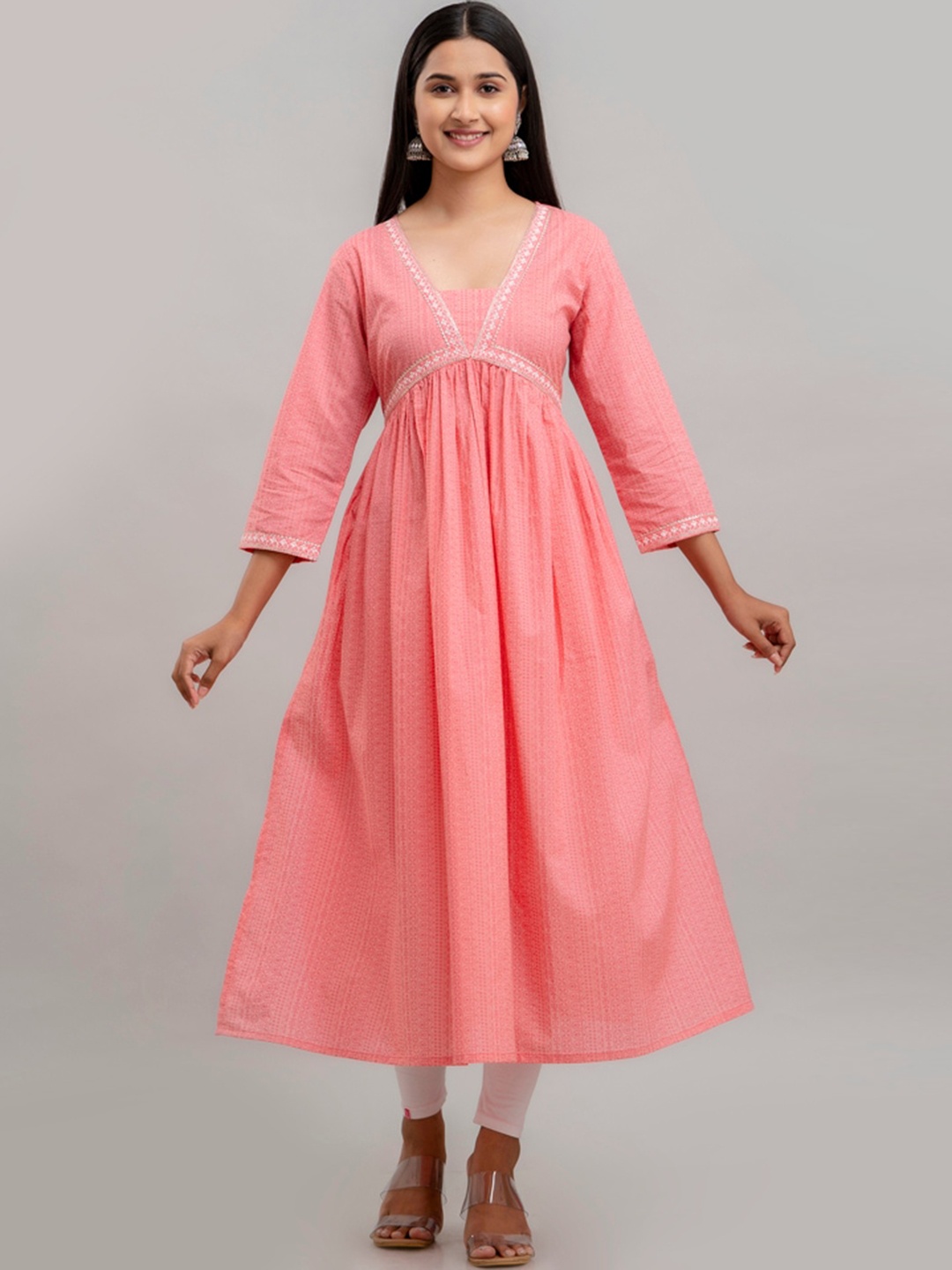 CKM Ethnic Motifs Printed Gotta Patti Anarkali Cotton Kurta, Peach