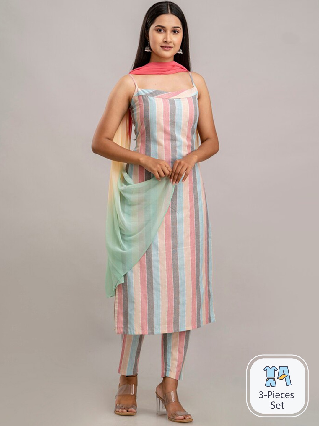 CKM Striped Shoulder Straps Gotta Patti Detail Straight Kurta & Trousers With Dupatta, Blue
CKM Striped Shoulder Straps Gotta Patti Detail Straight Kurta & Trousers With Dupatta, Blue