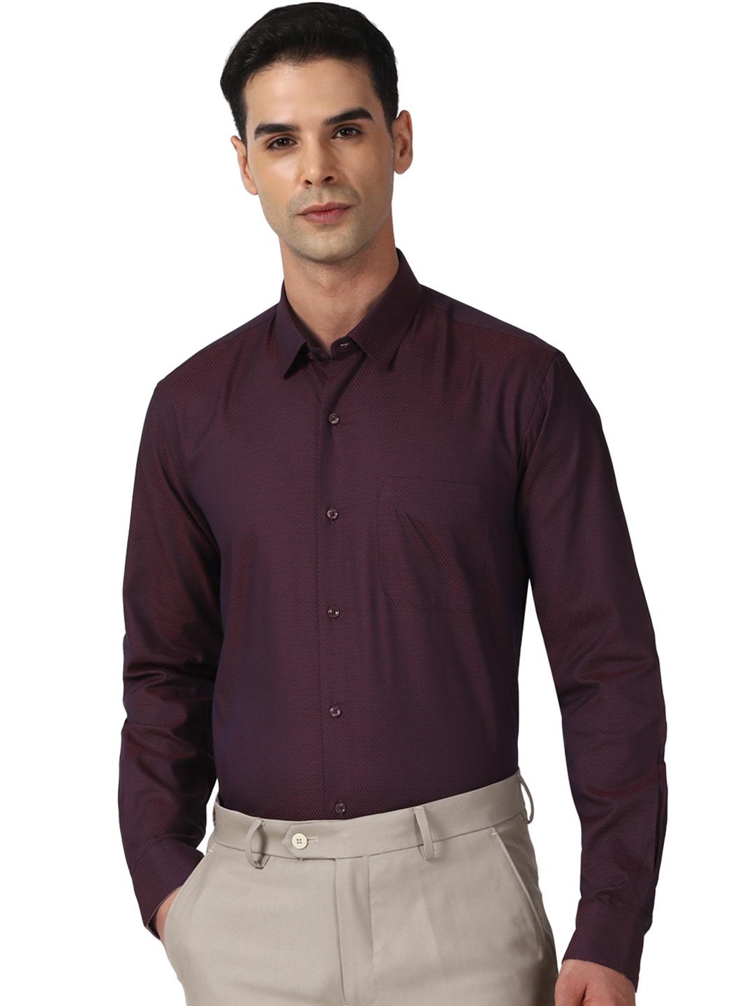 Peter England Textured Self Design Pure Cotton Formal Shirt, Purple