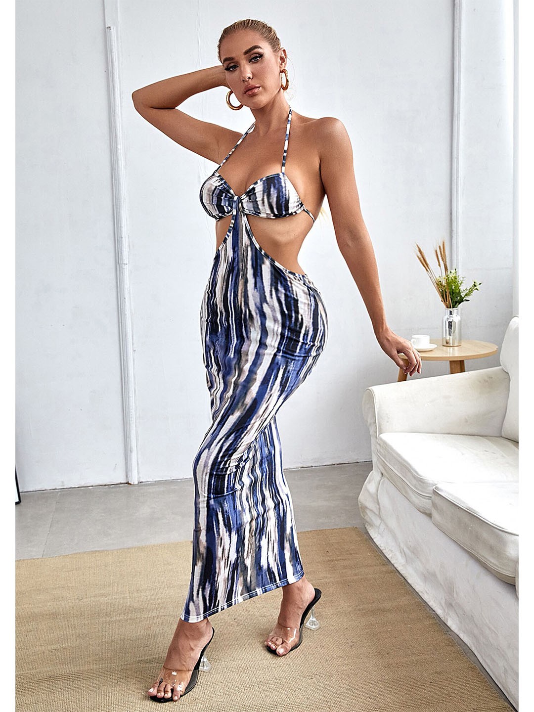 LULU & SKY Abstract Printed Halter Neck Cut-Out Tie-Up Detail Maxi Bodycon Dress, Navy blue
LULU & SKY Abstract Printed Halter Neck Cut-Out Tie-Up Detail Maxi Bodycon Dress, Navy blue