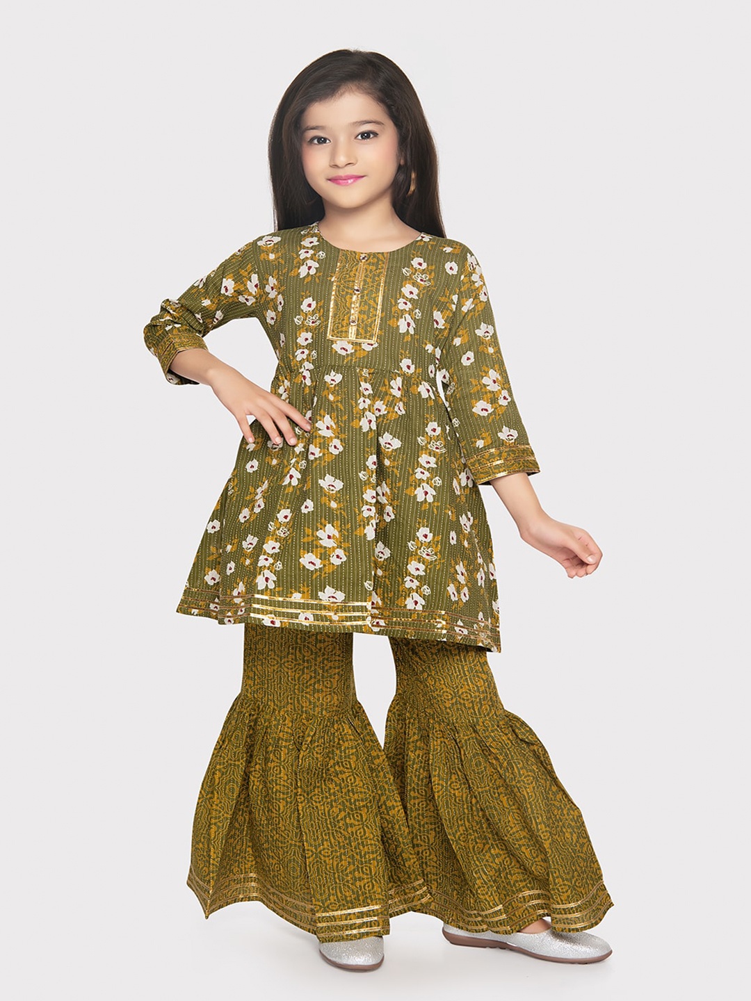 BETTY Girls Floral Printed Empire Pure Cotton Kurta With Sharara, Olive