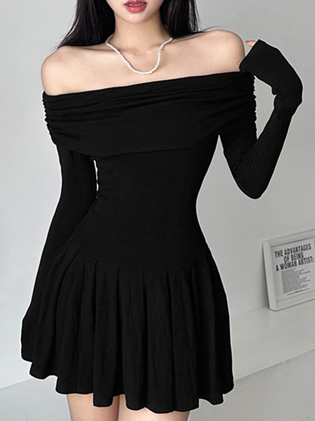 LULU & SKY Off-Shoulder Pleated Knitted Mini A-Line Mini Dress, Black