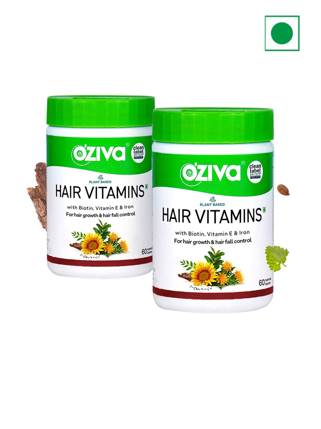 OZiva Set of 2 Plant Based Hair Vitamins with Biotin & Vitamin E - 60 Capsules per Bottle, Green
OZiva Set of 2 Plant Based Hair Vitamins with Biotin & Vitamin E - 60 Capsules per Bottle, Green