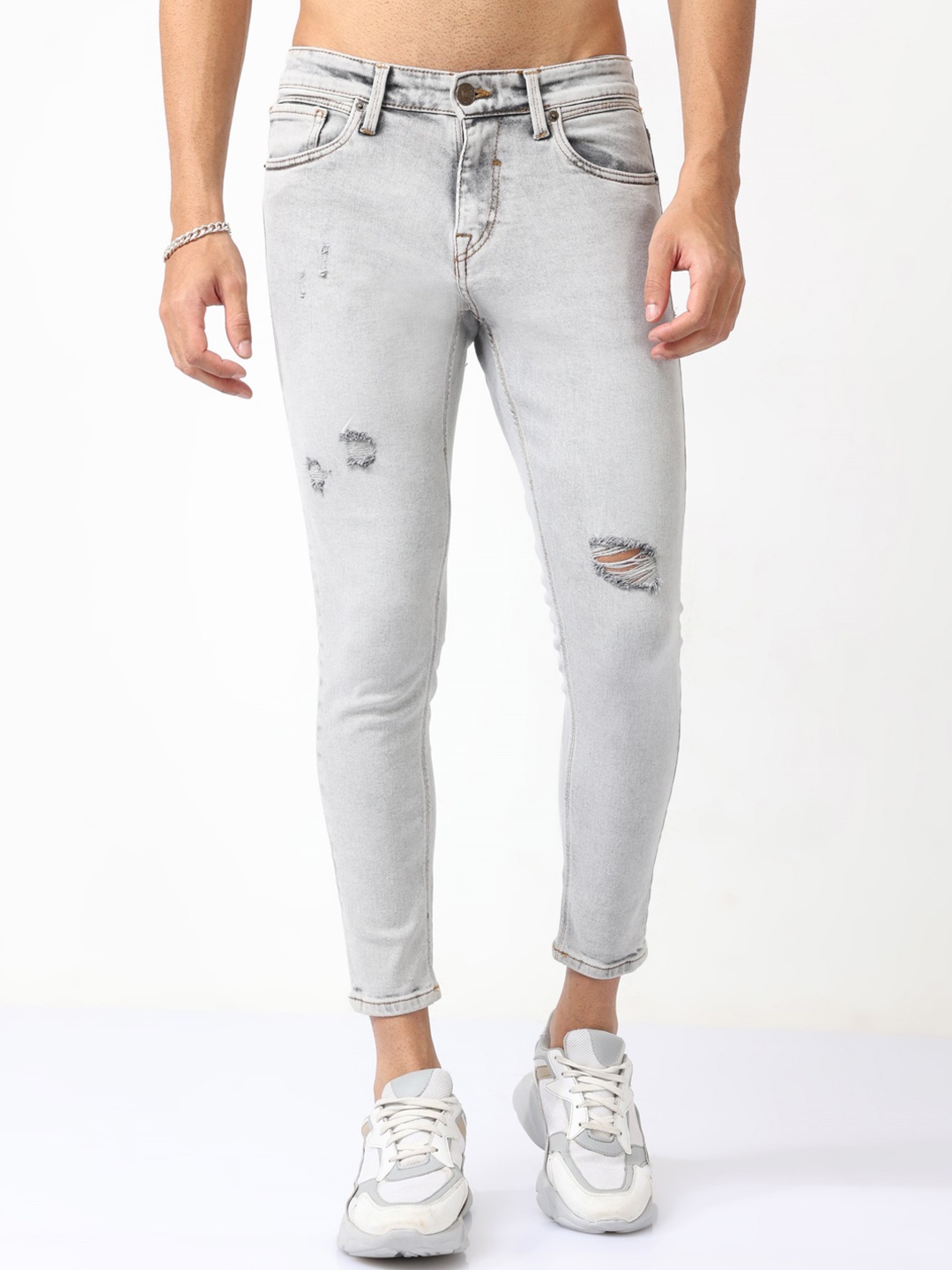 BADMAASH Men Skinny Fit Mildly Distressed Heavy Fade Cotton Jeans, Grey