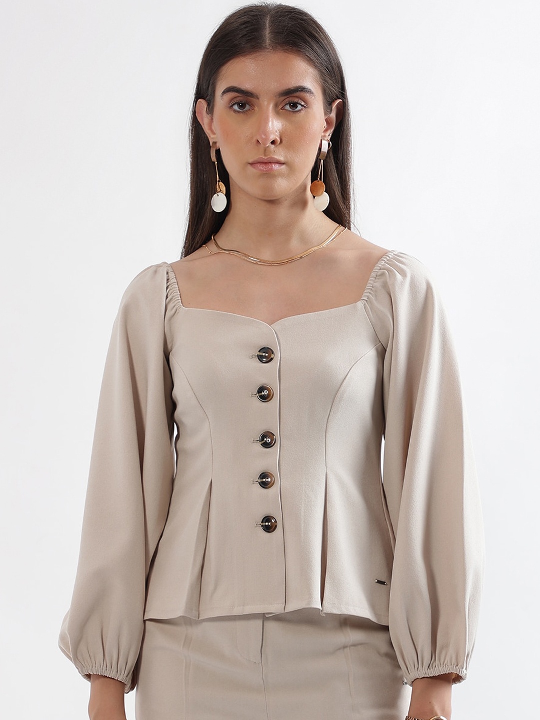 ELLE Sweetheart Neck Long Puff Sleeve Top, Beige