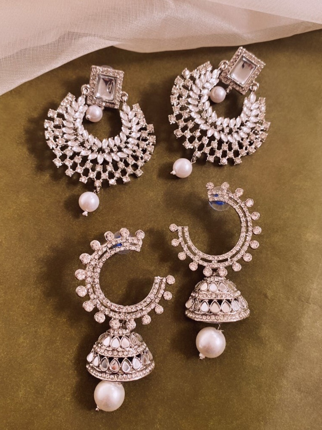 ATIBELLE Set Of 2 Silver Plated Studded With Pearl Contemporary Chandbalis Earrings, White
ATIBELLE Set Of 2 Silver Plated Studded With Pearl Contemporary Chandbalis Earrings, White