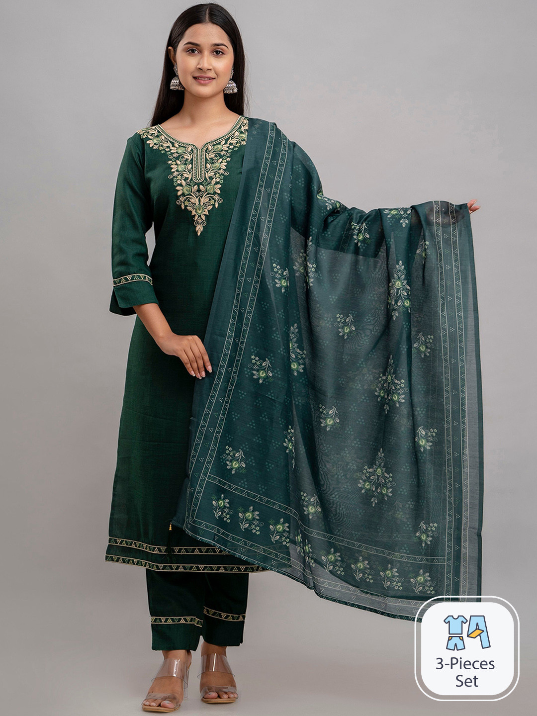 Charu Floral Embroidered Regular Kurta with Trousers & Dupatta, Green
Charu Floral Embroidered Regular Kurta with Trousers & Dupatta, Green