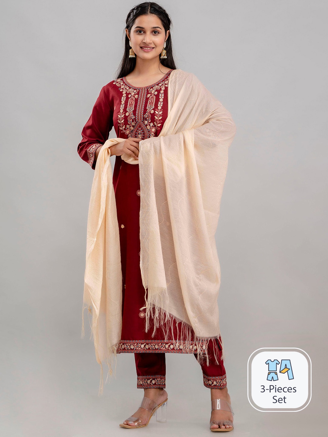 Charu Ethnic Motifs Embroidered Thread Work Detail Straight Kurta & Trousers With Dupatta, Maroon
Charu Ethnic Motifs Embroidered Thread Work Detail Straight Kurta & Trousers With Dupatta, Maroon
