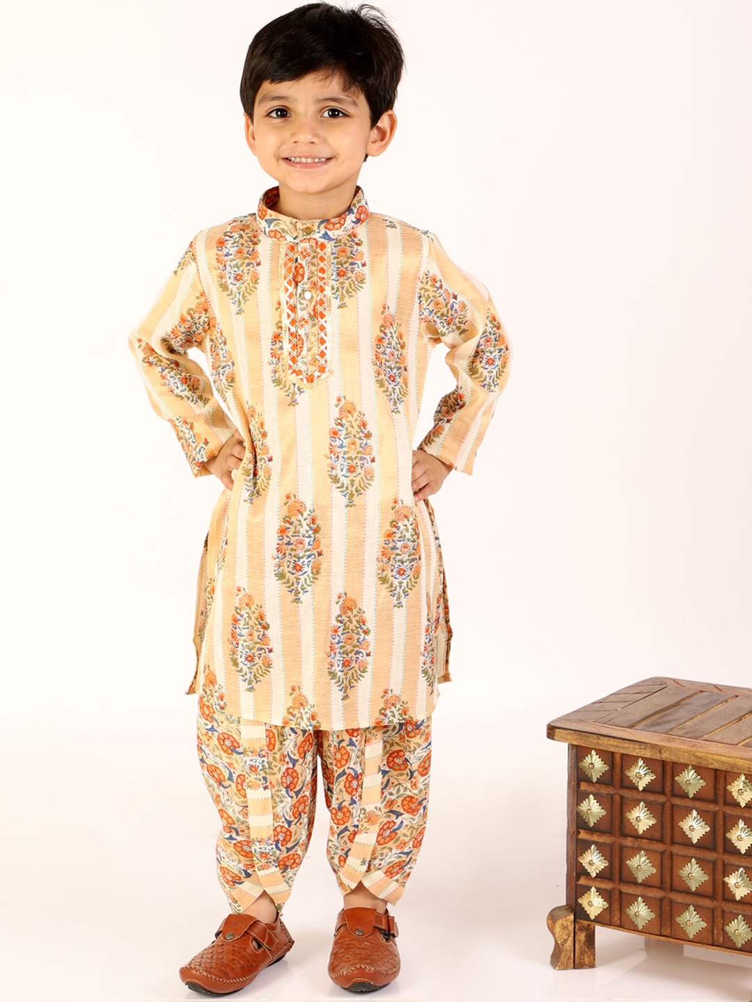 BAESD Boys Floral Printed Regular Kurta with Dhoti Pants, Orange