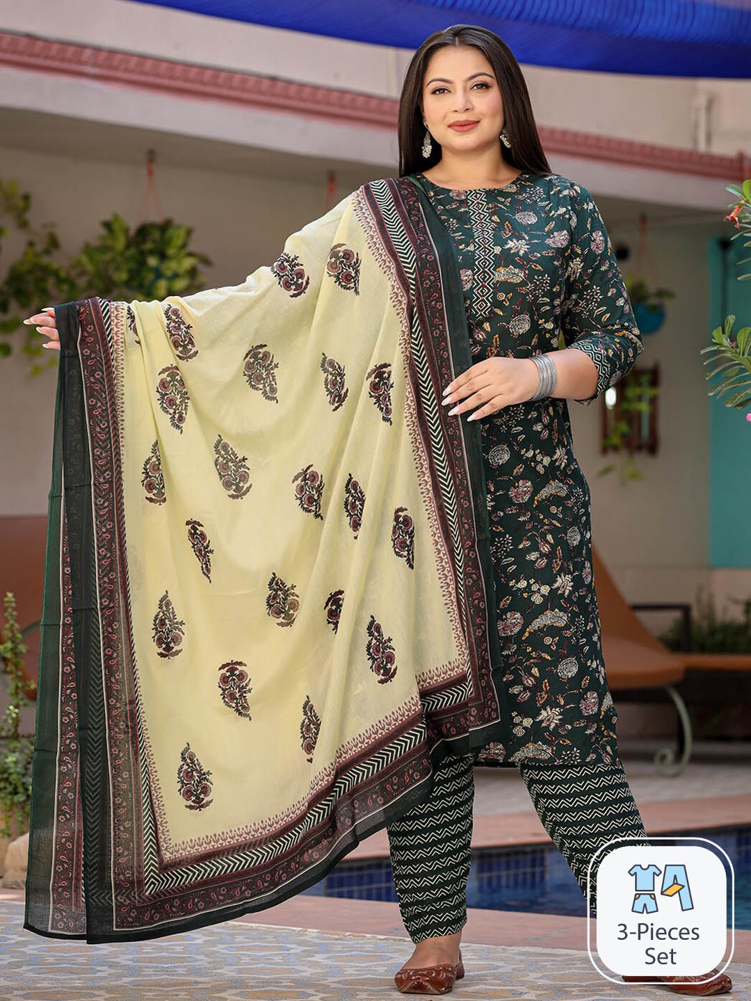 Yufta Plus Size Floral Printed Pure Cotton Straight Kurta & Trousers With Dupatta, Green
Yufta Plus Size Floral Printed Pure Cotton Straight Kurta & Trousers With Dupatta, Green