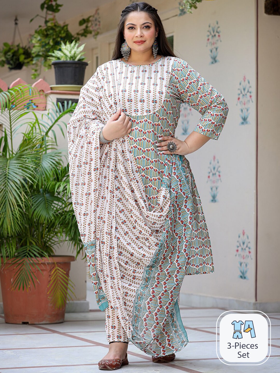Yufta Plus Size Floral Printed Pure Cotton Straight Kurta & Trousers With Dupatta, White
Yufta Plus Size Floral Printed Pure Cotton Straight Kurta & Trousers With Dupatta, White