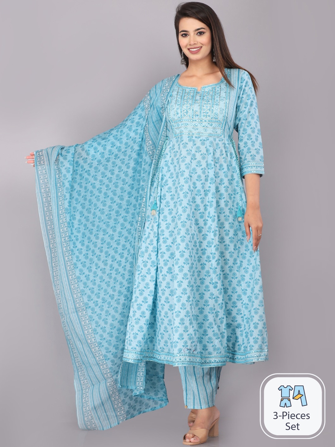 JC4U Floral Printed Mirror Work Regular Pure Cotton Kurta With Trousers & Dupatta, Blue
JC4U Floral Printed Mirror Work Regular Pure Cotton Kurta With Trousers & Dupatta, Blue