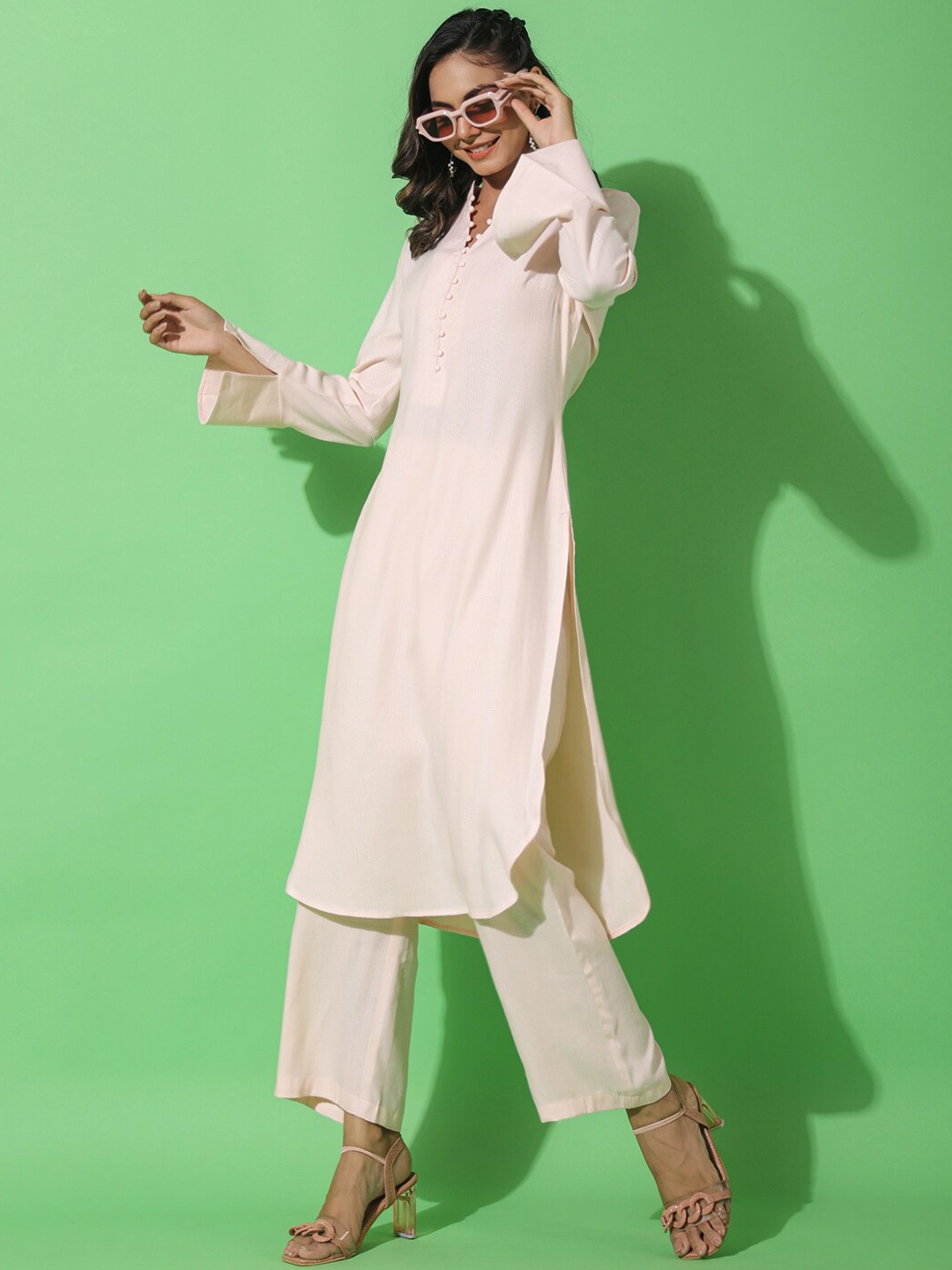 HERE&NOW Mandarin Collar Regular Kurta with Palazzos, Peach