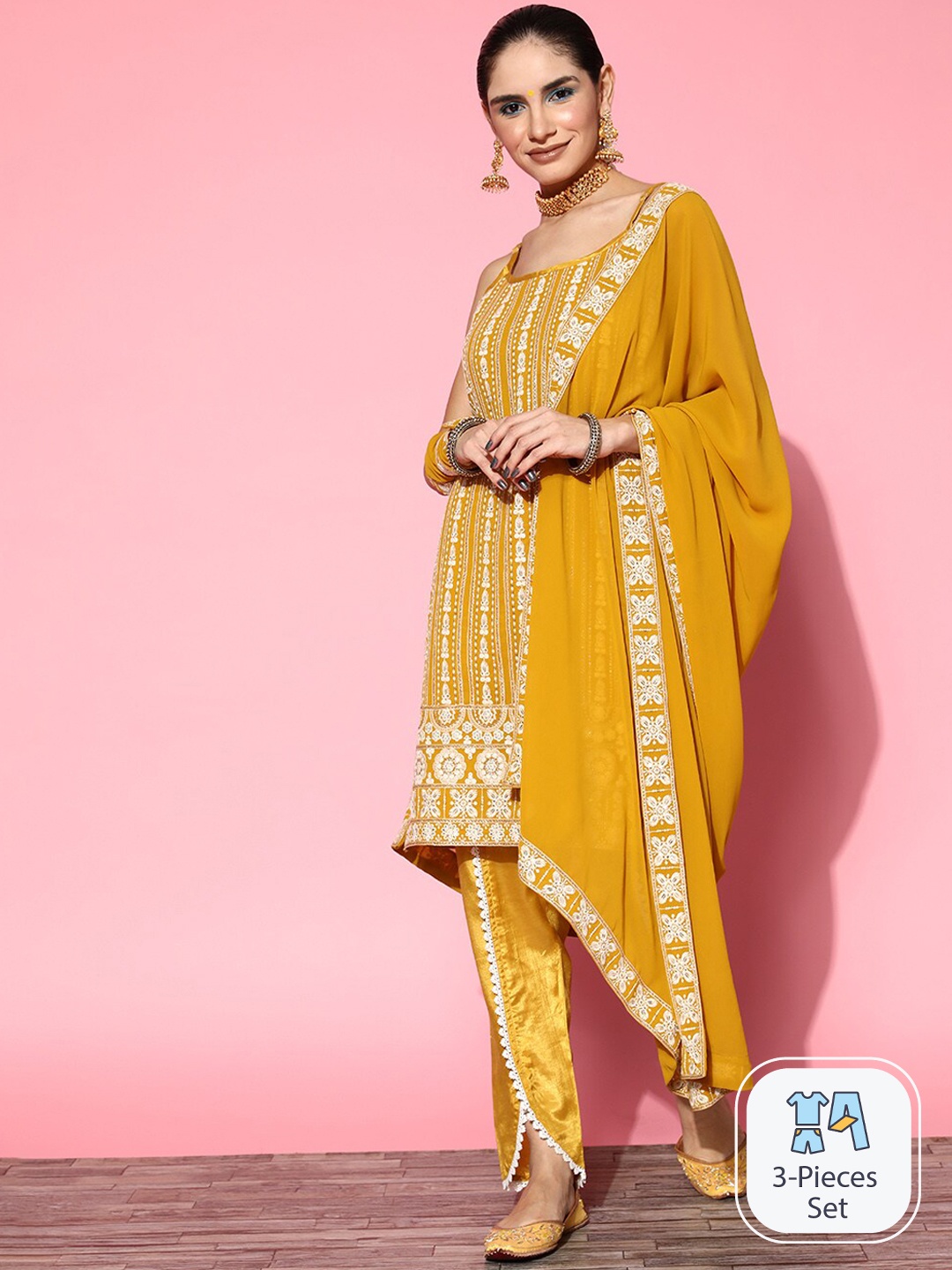 Sangria Ethnic Motifs Embroidered Sequinned Sleeveless Kurta With Trouser & Dupatta Set, Mustard
Sangria Ethnic Motifs Embroidered Sequinned Sleeveless Kurta With Trouser & Dupatta Set, Mustard