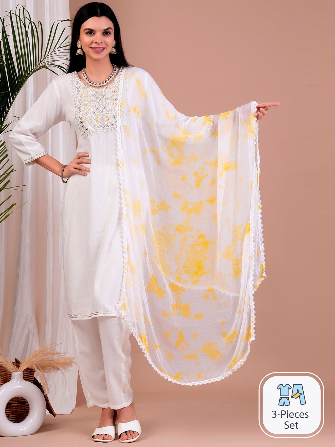 R RANAK CREATION Ethnic Motif Embroidered Regular Straight Kurta & Palazzos With Dupatta, White
R RANAK CREATION Ethnic Motif Embroidered Regular Straight Kurta & Palazzos With Dupatta, White