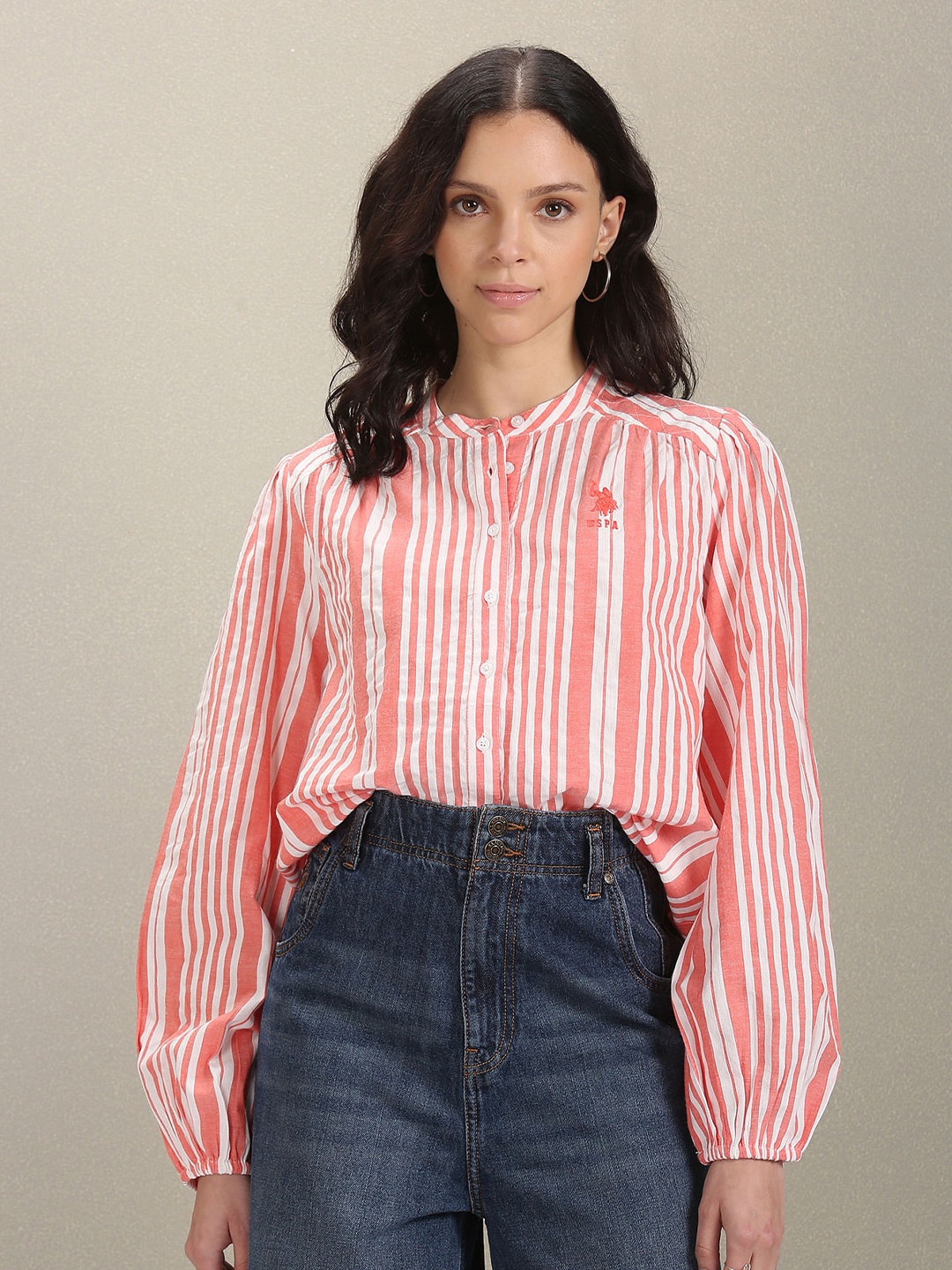 U.S. Polo Assn. Women Comfort Striped Printed Band Collar Puff Sleeve Cotton Casual Shirt, Orange
U.S. Polo Assn. Women Comfort Striped Printed Band Collar Puff Sleeve Cotton Casual Shirt, Orange