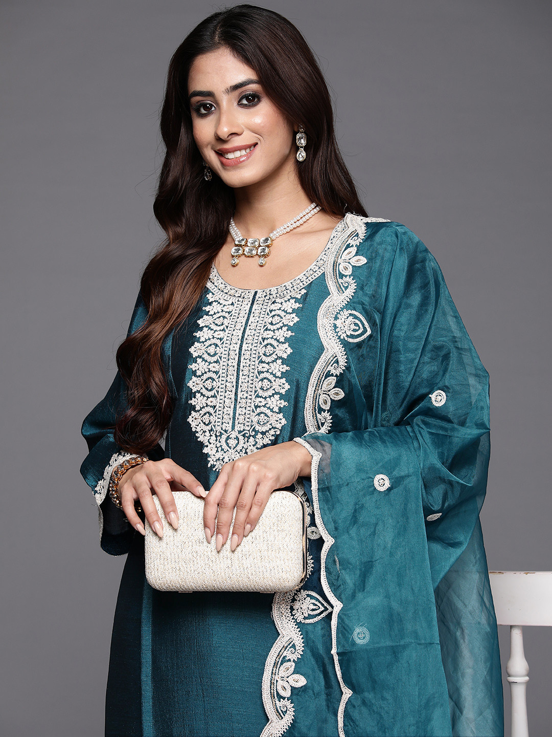 Indo Era Women Embroidered Regular Sequined Kurta with Trousers & Dupatta, Teal
Indo Era Women Embroidered Regular Sequined Kurta with Trousers & Dupatta, Teal