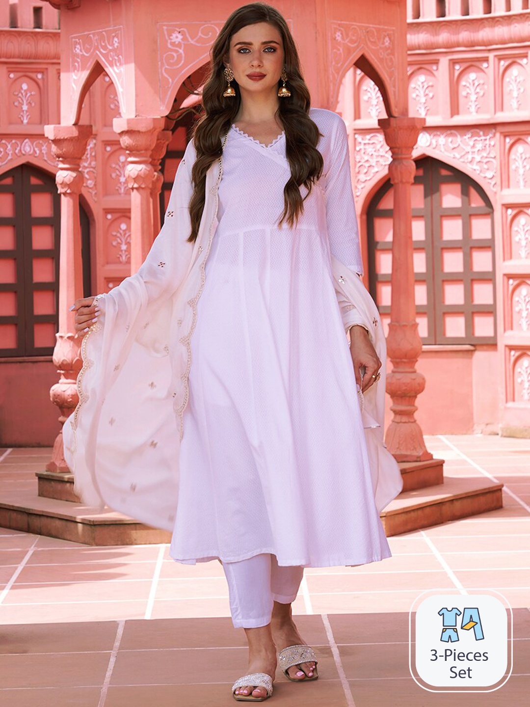KALINI Geometric Printed V-Neck Anarkali Kurta with Trousers & Dupatta, White