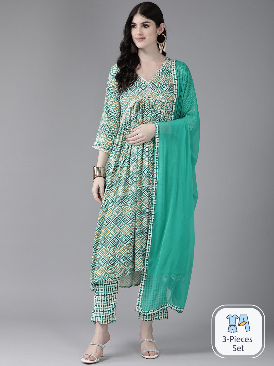 Aarika Ethnic Printed Sequined A-Line Pleated Kurta with Trousers & Dupatta, Sea green
Aarika Ethnic Printed Sequined A-Line Pleated Kurta with Trousers & Dupatta, Sea green