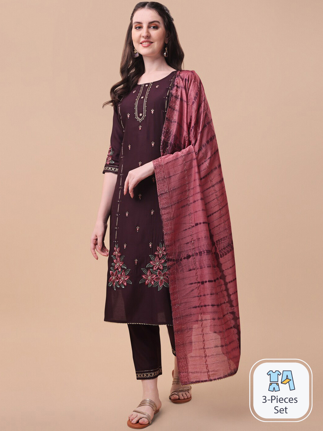 KALINI Floral Embroidered Sequinned Chanderi Cotton Kurta With Trousers & Dupatta, Maroon
KALINI Floral Embroidered Sequinned Chanderi Cotton Kurta With Trousers & Dupatta, Maroon