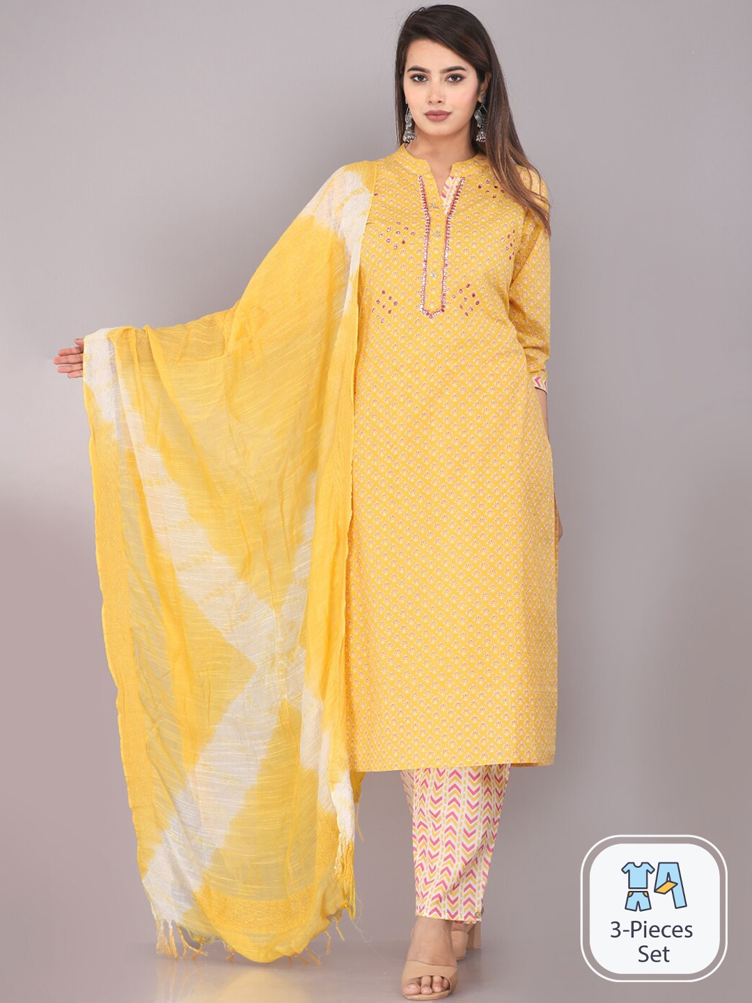 JC4U Ethnic Motifs Printed Regular Mirror Work Pure Cotton Kurta with Trousers & Dupatta, Yellow
JC4U Ethnic Motifs Printed Regular Mirror Work Pure Cotton Kurta with Trousers & Dupatta, Yellow