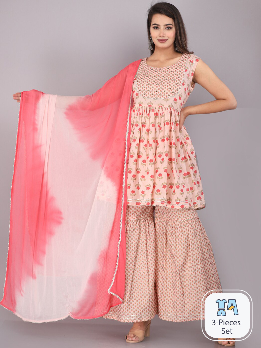 JC4U Floral Printed Sleeveless Pure Cotton A-Line Kurta with Sharara & With Dupatta, Peach
JC4U Floral Printed Sleeveless Pure Cotton A-Line Kurta with Sharara & With Dupatta, Peach