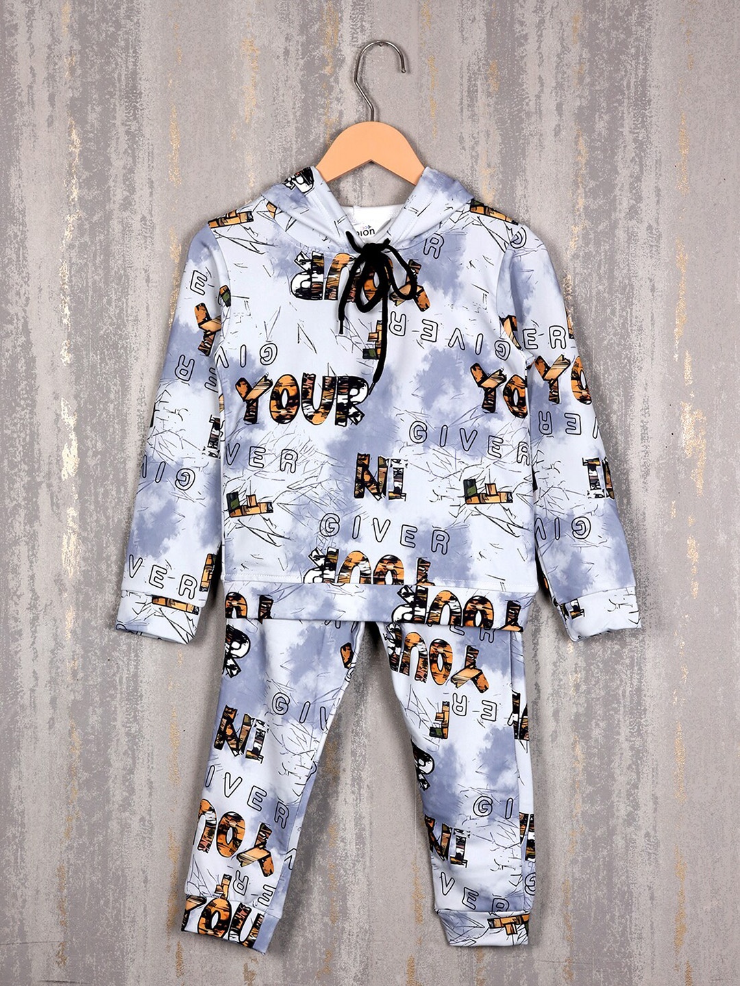 Albion Boys Typography Printed Pure Cotton Hooded Tracksuits, Grey