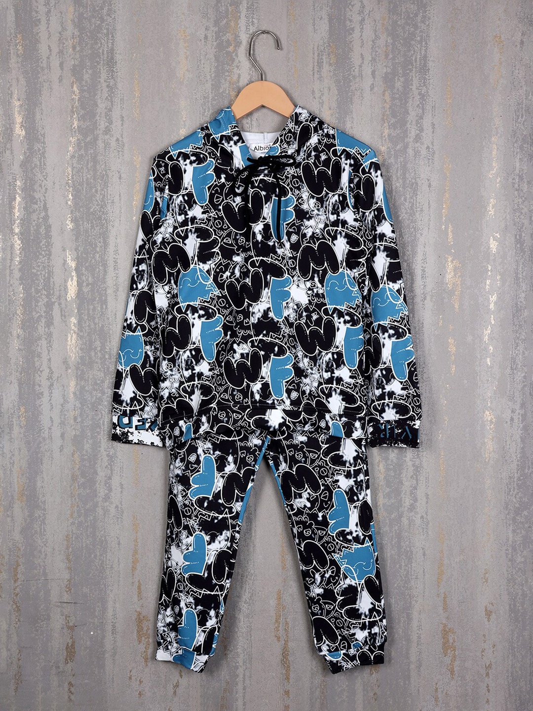 Albion Boys Graphic Printed Hooded Pure Cotton Tracksuits, Black
