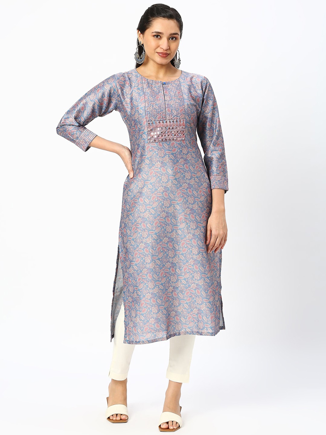 DRESSLINE Floral Printed Sequined Straight Kurta, Blue
