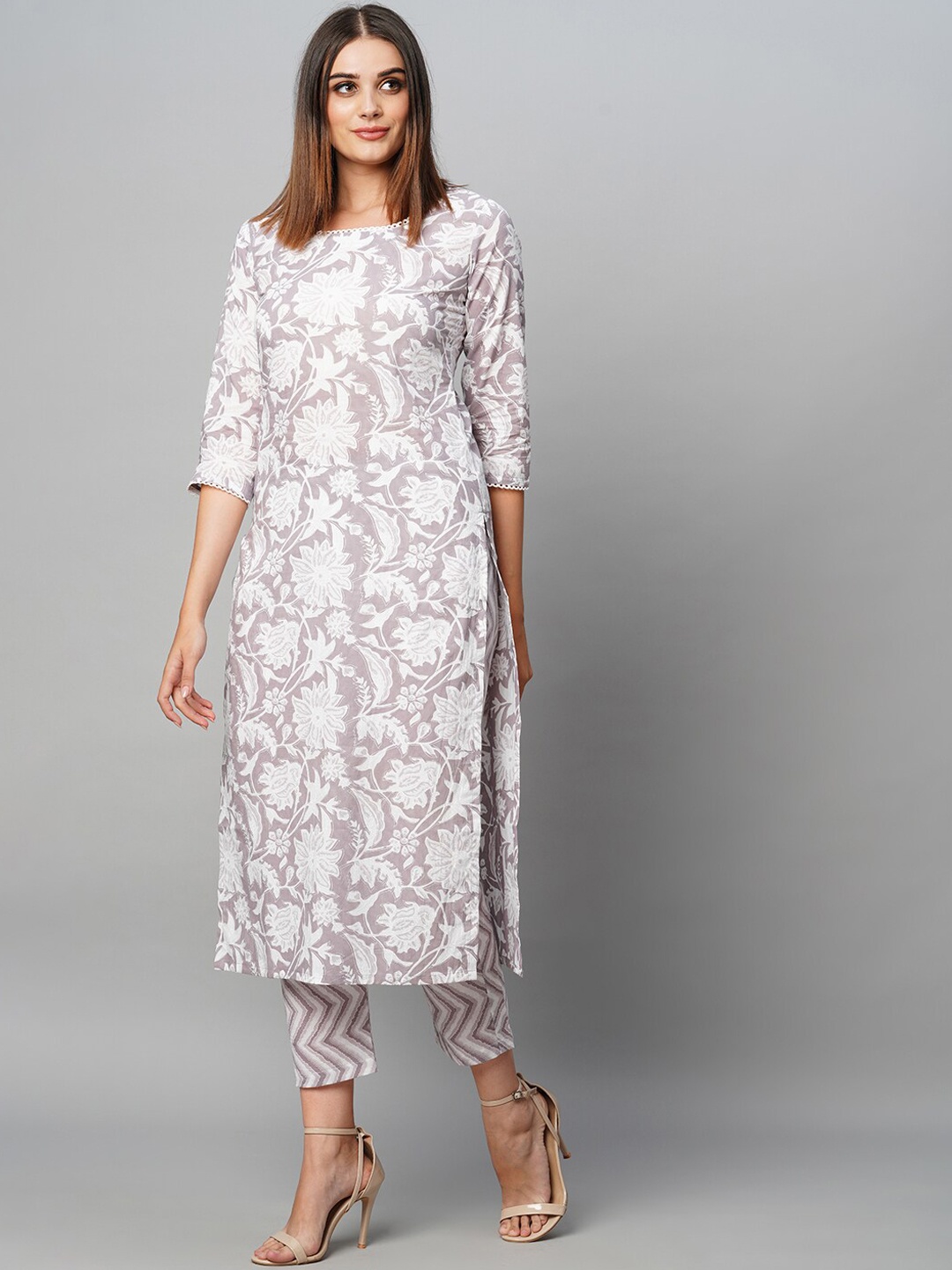KALINI Floral Printed Kurta With Trousers, Grey