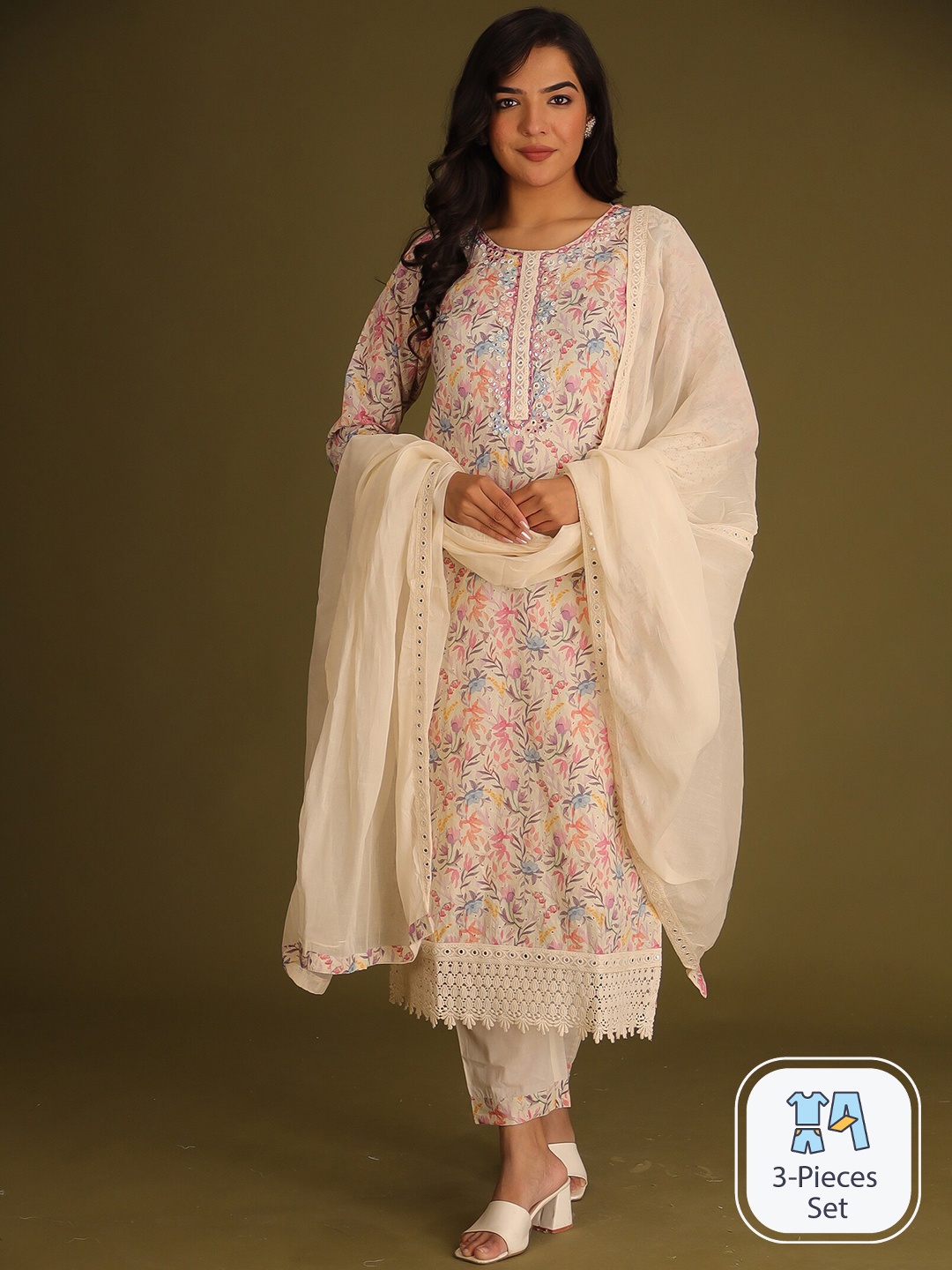 ZARI Floral Printed Mirror Work Detailed Straight Kurta & Trousers With Dupatta, Cream
ZARI Floral Printed Mirror Work Detailed Straight Kurta & Trousers With Dupatta, Cream
