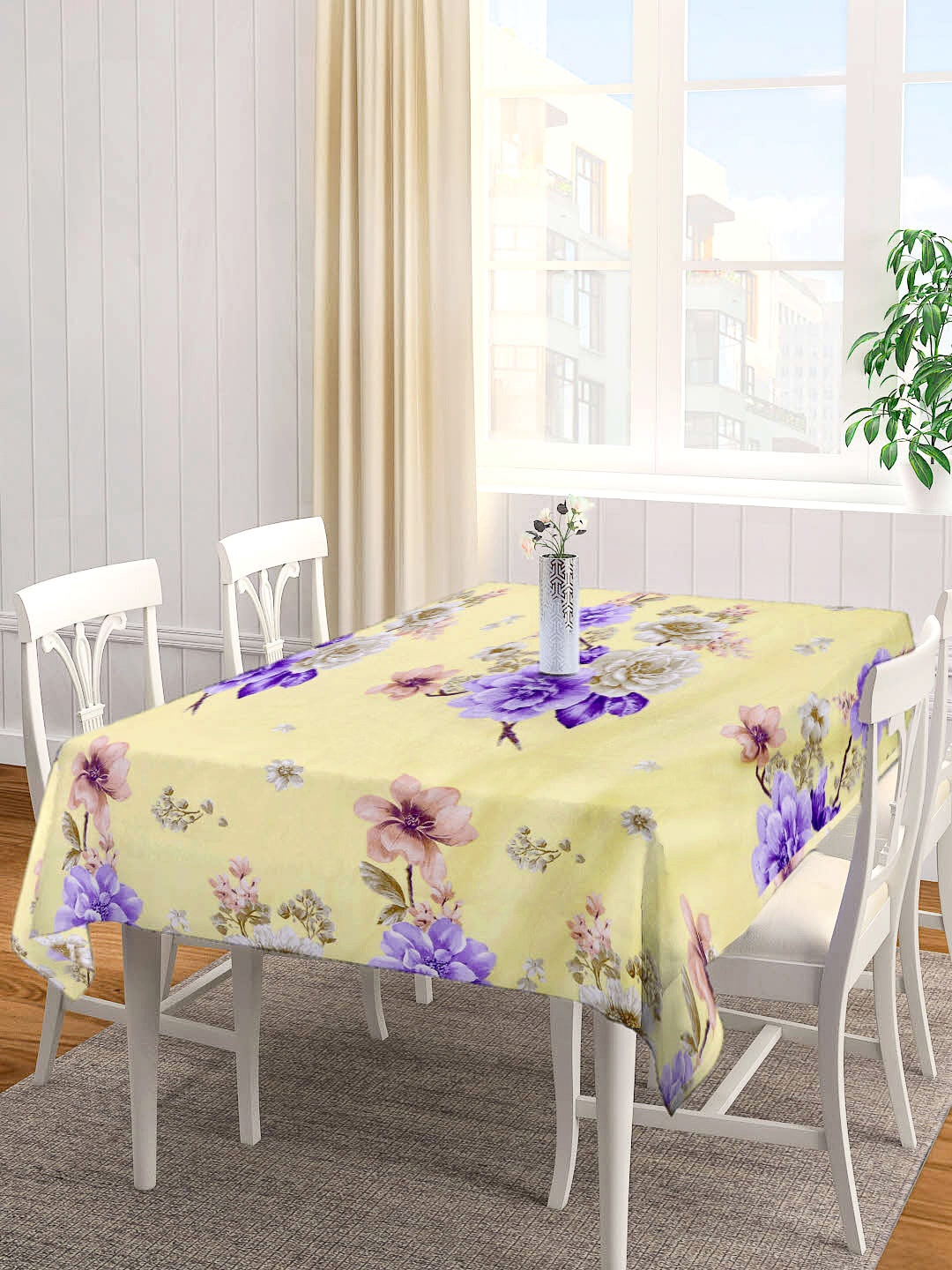 KLOTTHE Yellow & Blue Floral Printed 6-Seater Table Cover