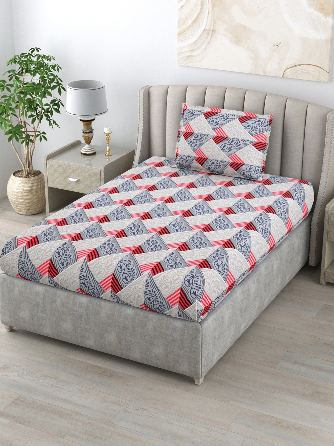 BOMBAY DYEING Red & Grey Geometric 104 TC Cotton Single Bedsheet with 1 Pillow Cover
BOMBAY DYEING Red & Grey Geometric 104 TC Cotton Single Bedsheet with 1 Pillow Cover