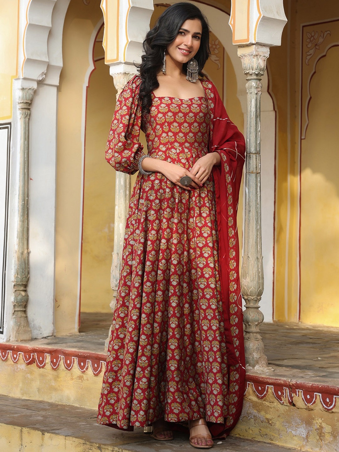 Rangeelo Floral Printed Puffed Sleeves Chanderi Silk Anarkali Kurta With Dupatta, Maroon
Rangeelo Floral Printed Puffed Sleeves Chanderi Silk Anarkali Kurta With Dupatta, Maroon