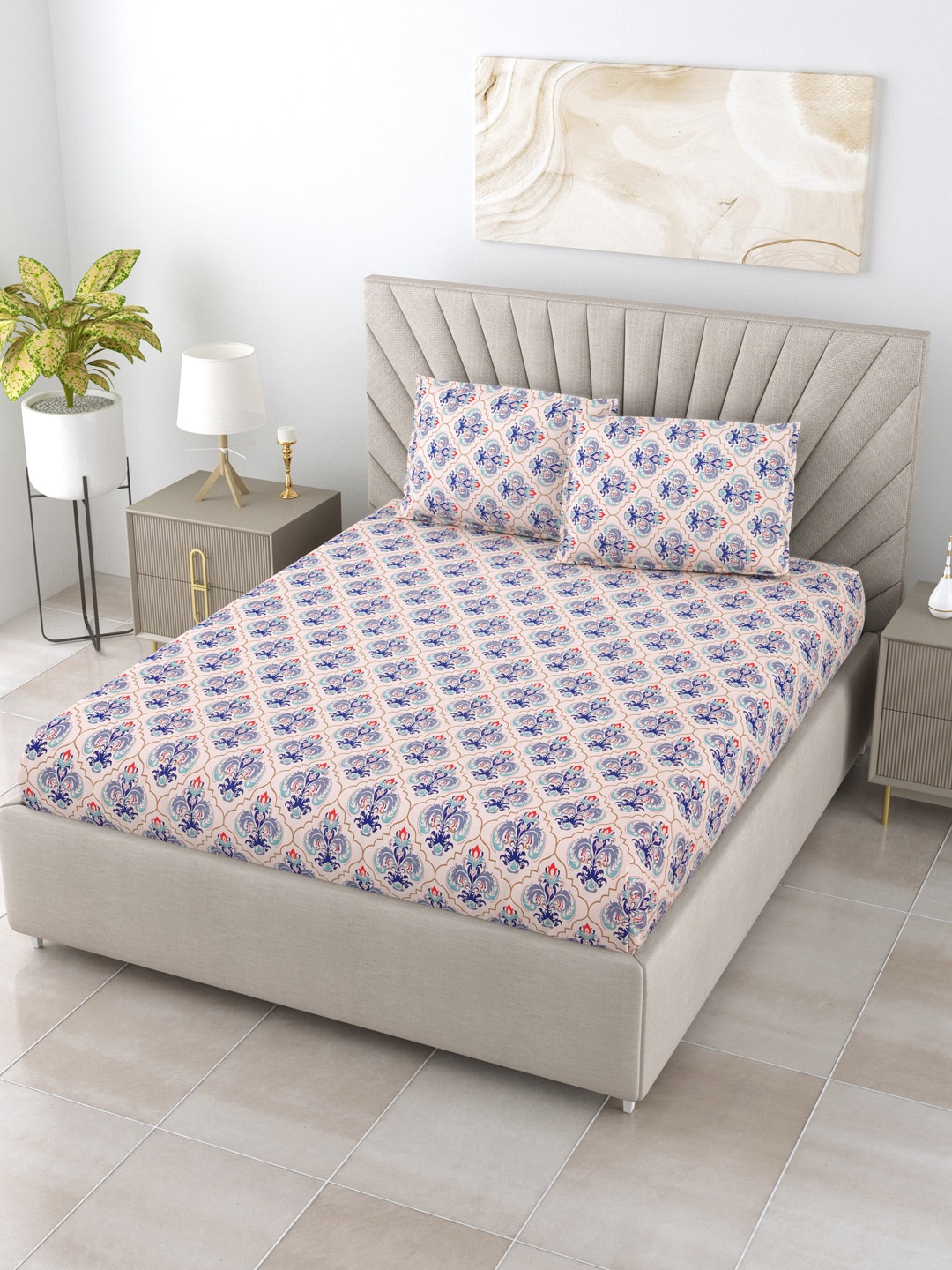 BOMBAY DYEING Blue & Cream Ethnic Motifs 104 TC King Bedsheet with 2 Pillow Covers
BOMBAY DYEING Blue & Cream Ethnic Motifs 104 TC King Bedsheet with 2 Pillow Covers