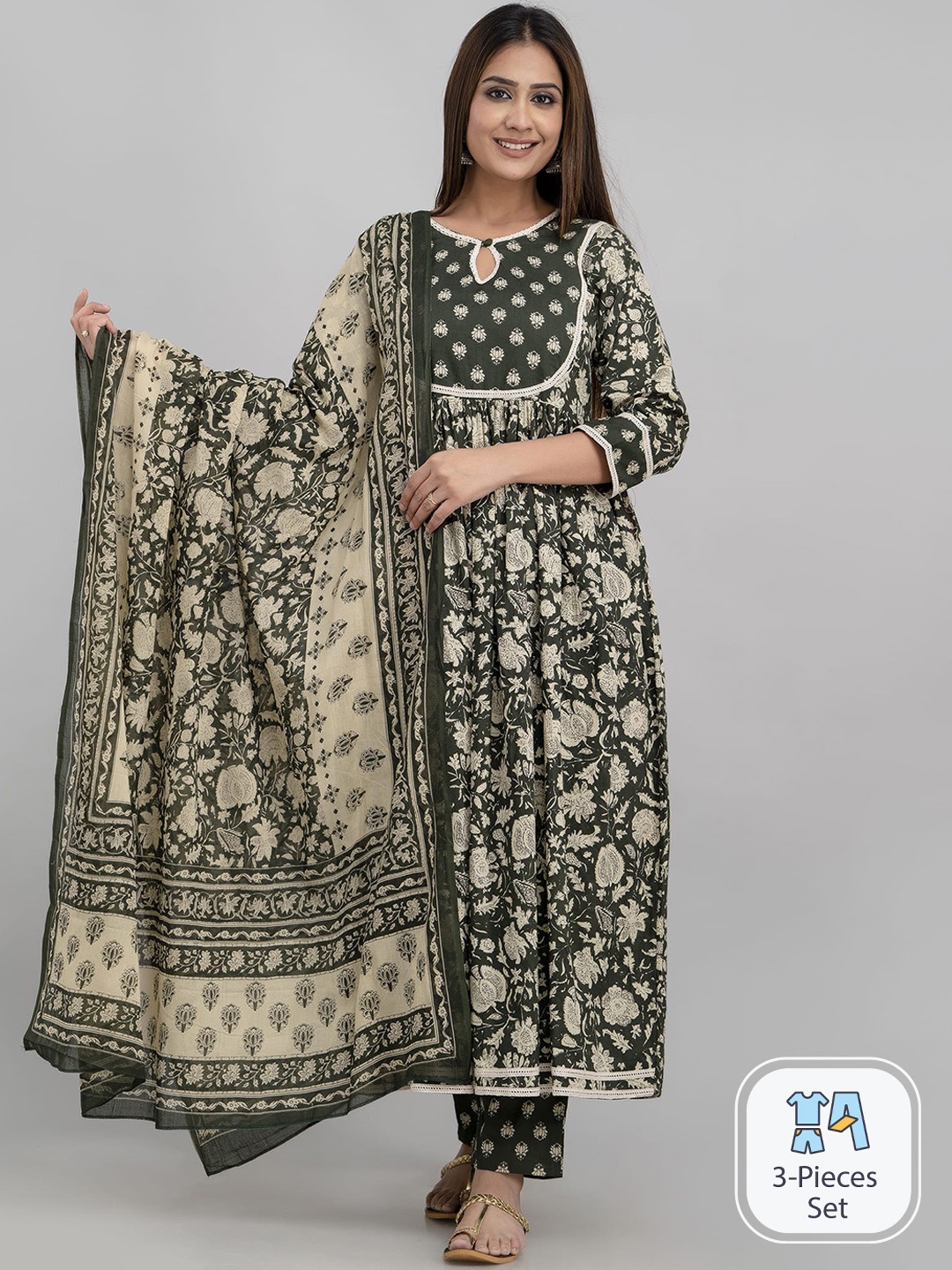 ANNU PARIDHAN Floral Printed Pleated Pure Cotton A-Line Kurta & Trousers With Dupatta, Green
ANNU PARIDHAN Floral Printed Pleated Pure Cotton A-Line Kurta & Trousers With Dupatta, Green