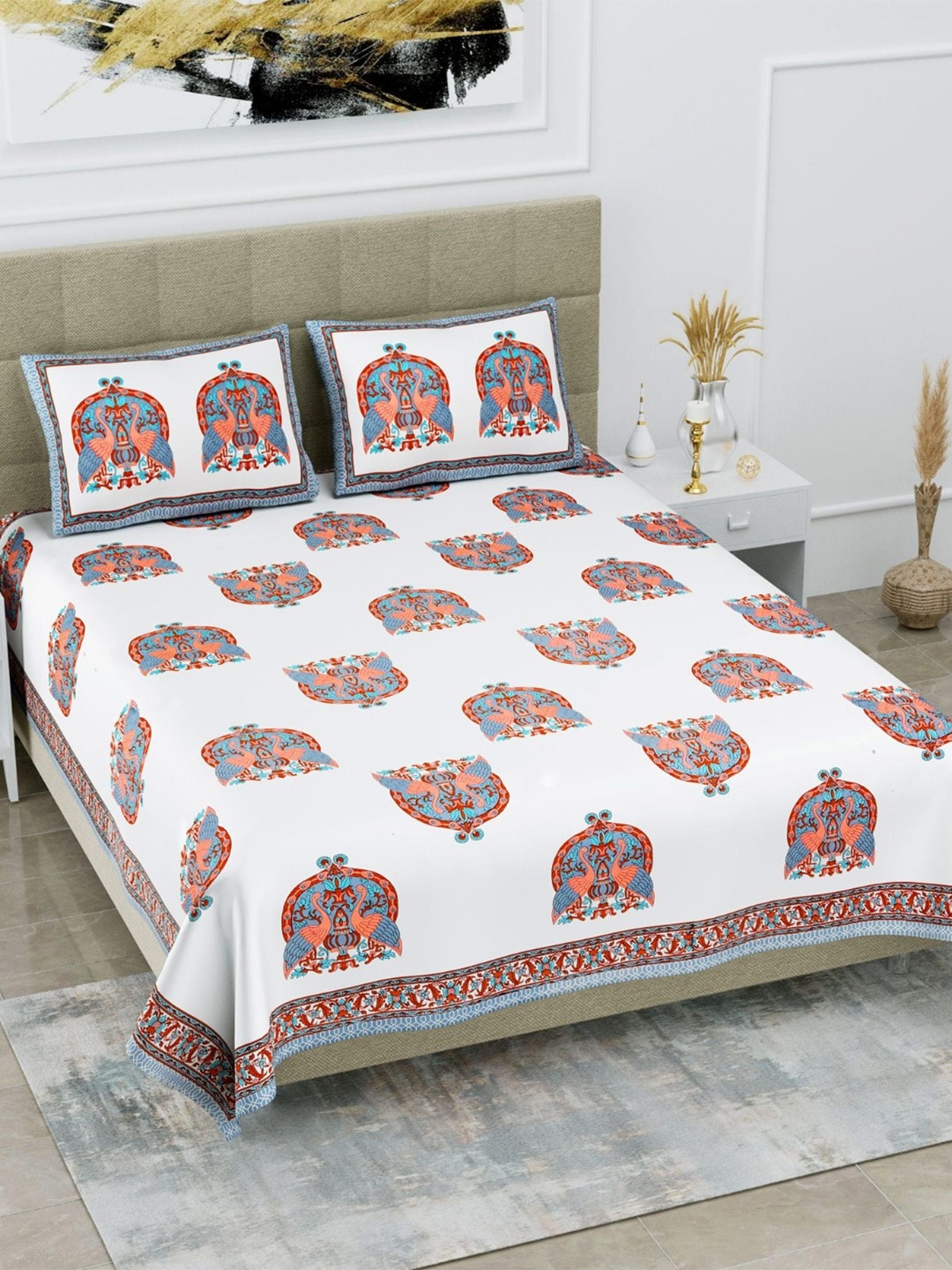 SP DESIGNS White & Blue Ethnic Motifs Cotton 1000 TC King Bedsheet With 2 Pillow Covers
SP DESIGNS White & Blue Ethnic Motifs Cotton 1000 TC King Bedsheet With 2 Pillow Covers