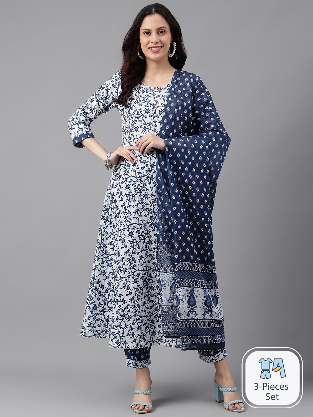 SAABHI Floral Printed Pure Cotton Anarkali Kurta with Trousers & With Dupatta, Blue
SAABHI Floral Printed Pure Cotton Anarkali Kurta with Trousers & With Dupatta, Blue