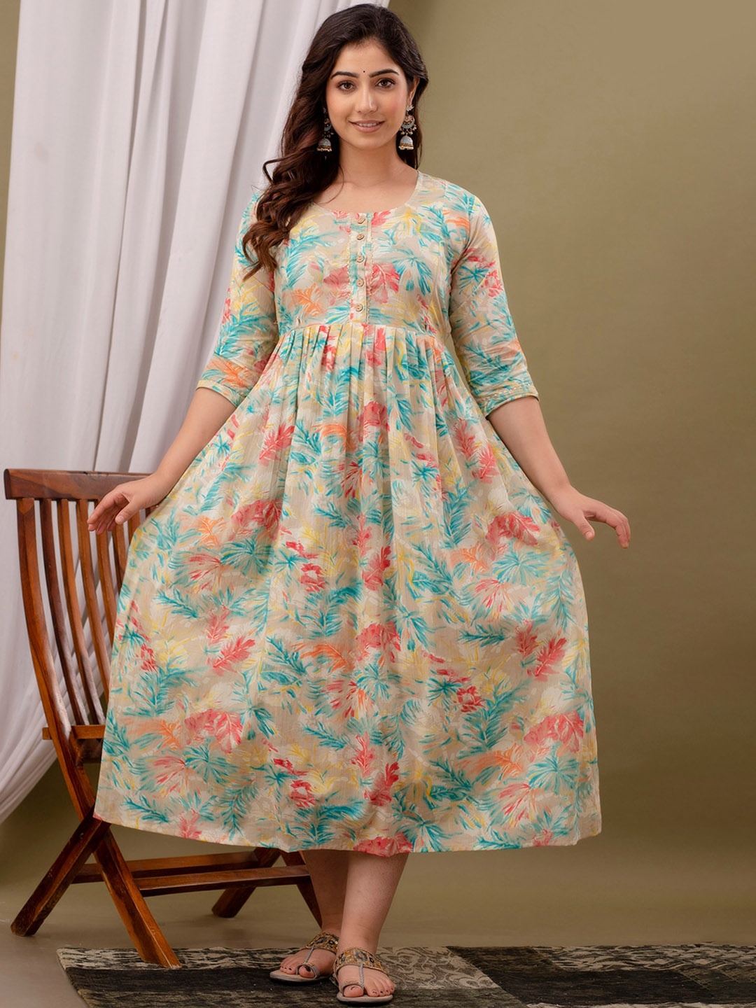 NITVAN Floral Printed Pleated Detailed Cotton Maternity Fit & Flare Midi Ethnic Dress, Beige
NITVAN Floral Printed Pleated Detailed Cotton Maternity Fit & Flare Midi Ethnic Dress, Beige