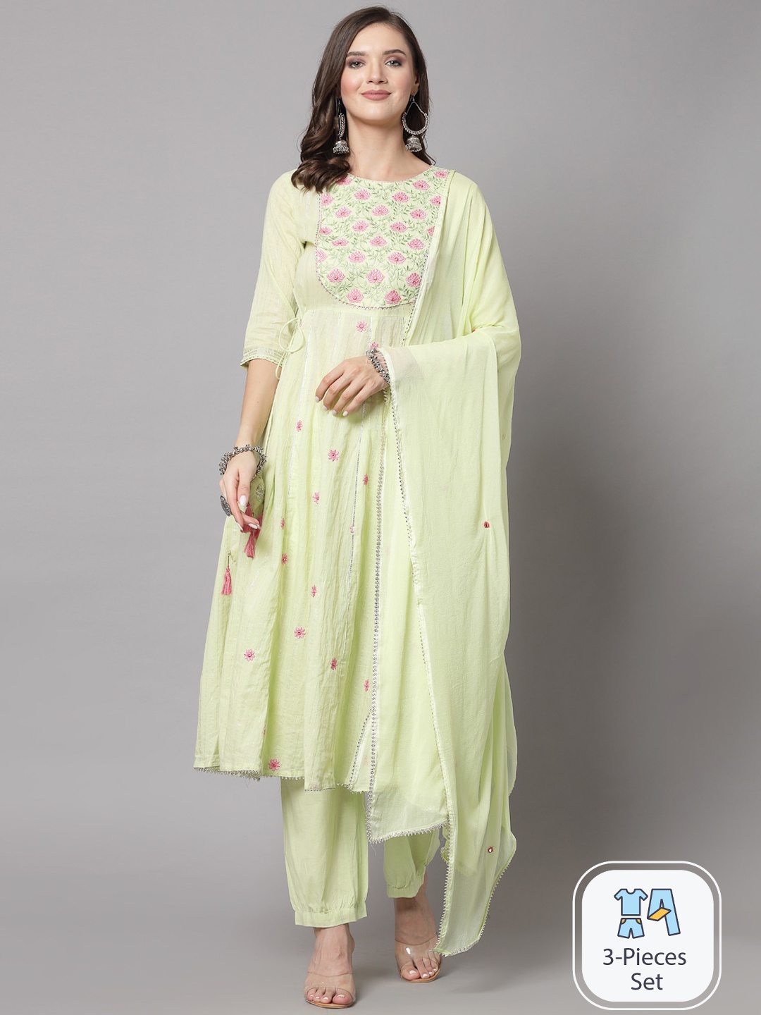 SWAS Floral Embroidered Regular Mirror Work A-Line Kurta with Trousers & Dupatta, Green