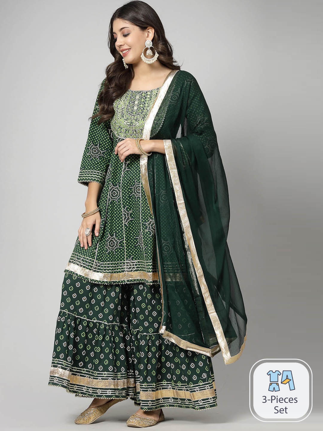 SWAS Bandhani Printed Regular Mirror Work A-Line Kurta With Sharara & Dupatta, Green
SWAS Bandhani Printed Regular Mirror Work A-Line Kurta With Sharara & Dupatta, Green