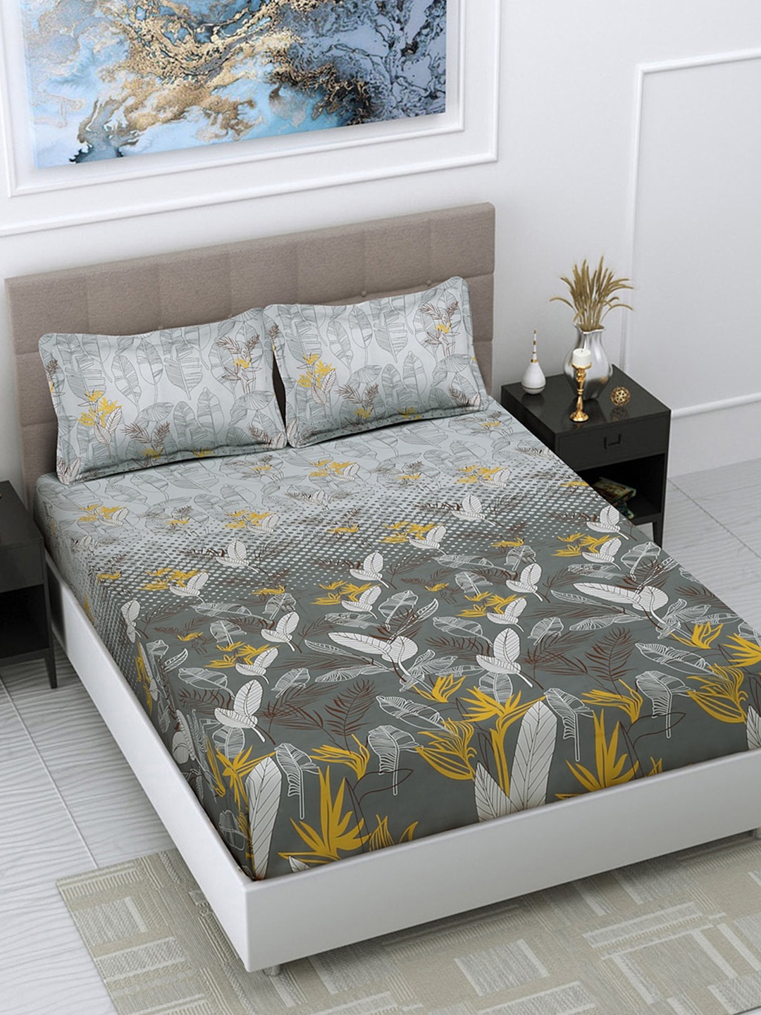 FABINALIV Grey & Yellow Floral Print 300 TC King Size Bedsheet & 2 Pillow Covers
FABINALIV Grey & Yellow Floral Print 300 TC King Size Bedsheet & 2 Pillow Covers