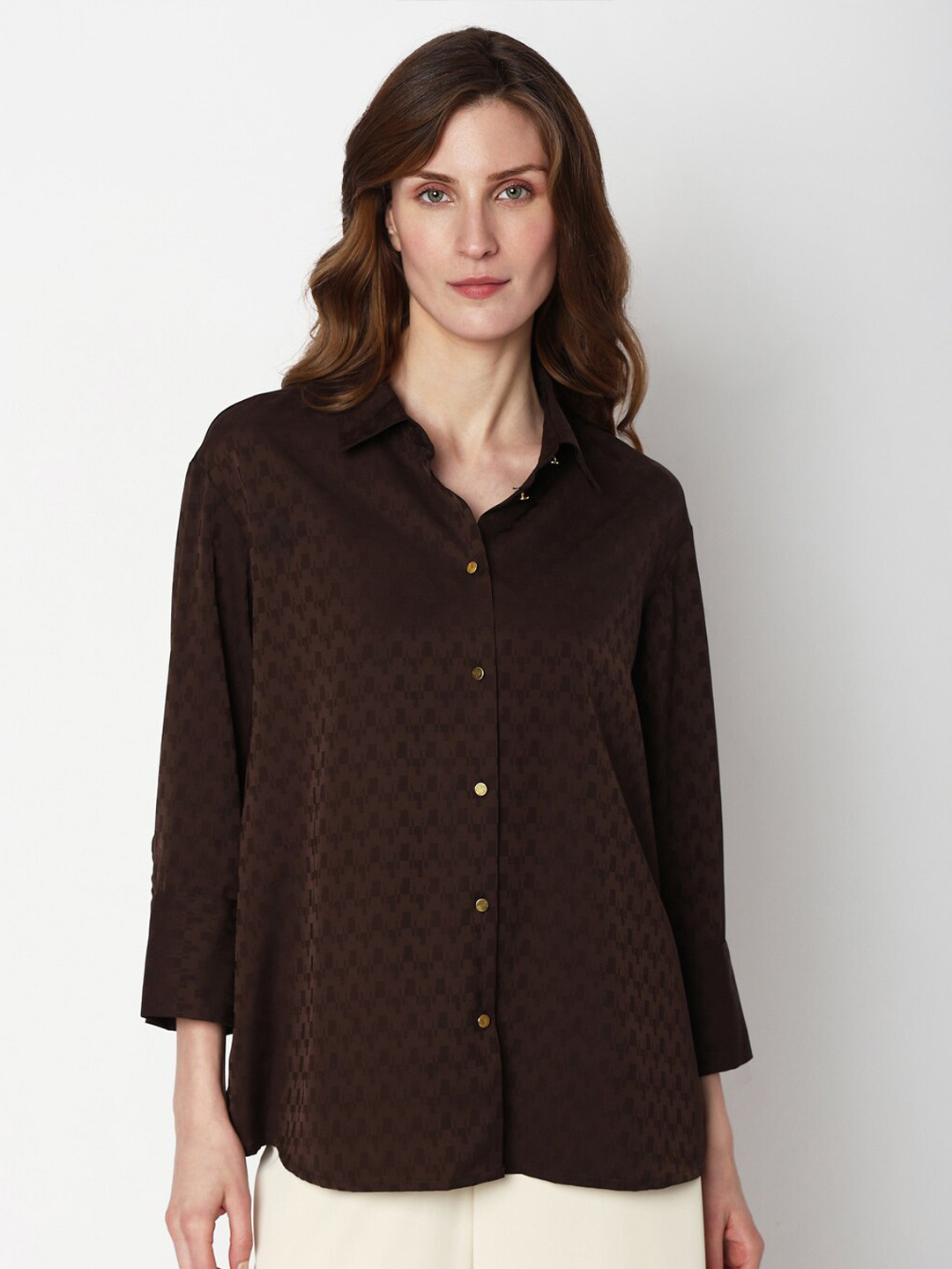 Vero Moda Self Design Spread Collar Drop Shoulder Sleeves Casual Shirt, Brown
Vero Moda Self Design Spread Collar Drop Shoulder Sleeves Casual Shirt, Brown