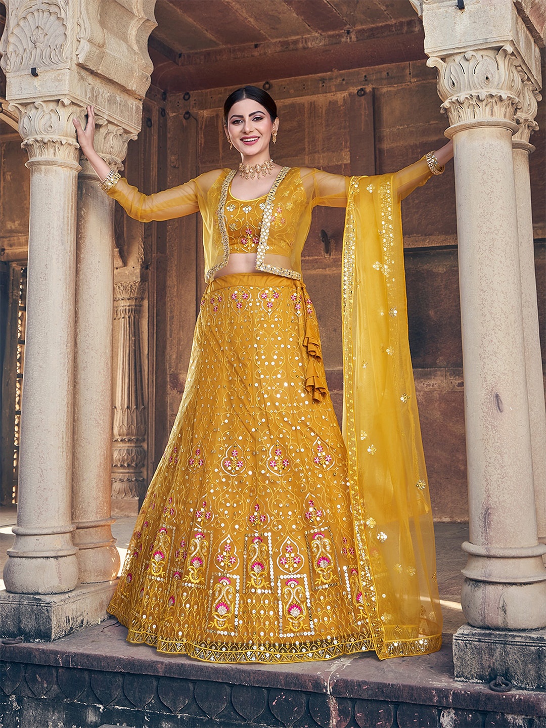SHOPGARB Embroidered Sequinned Semi-Stitched Lehenga & Unstitched Blouse With Dupatta, Yellow
SHOPGARB Embroidered Sequinned Semi-Stitched Lehenga & Unstitched Blouse With Dupatta, Yellow