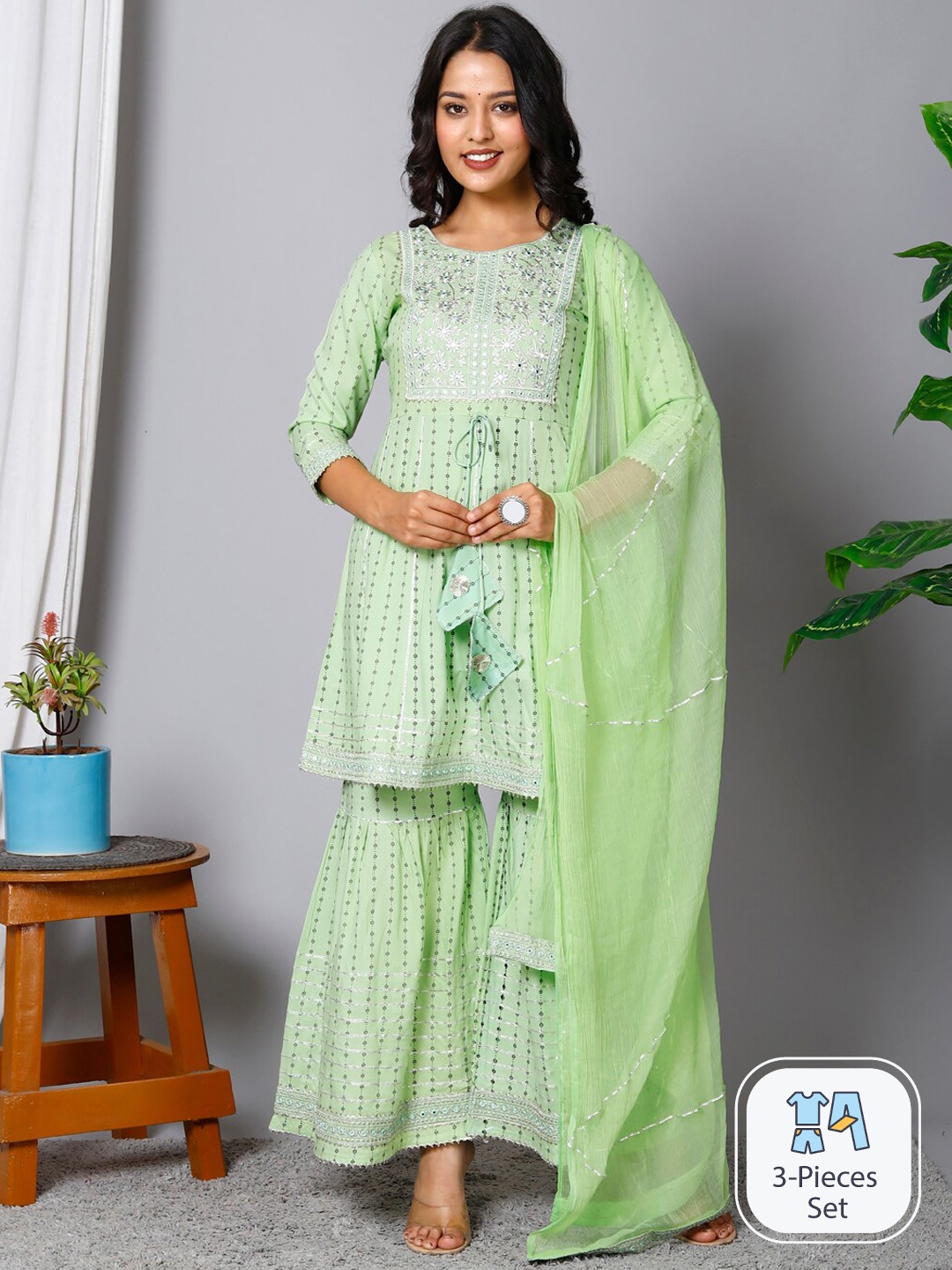 HERE&NOW Geometric Printed Thread Work A-Line Kurta & Sharara With Dupatta, Lime green
HERE&NOW Geometric Printed Thread Work A-Line Kurta & Sharara With Dupatta, Lime green